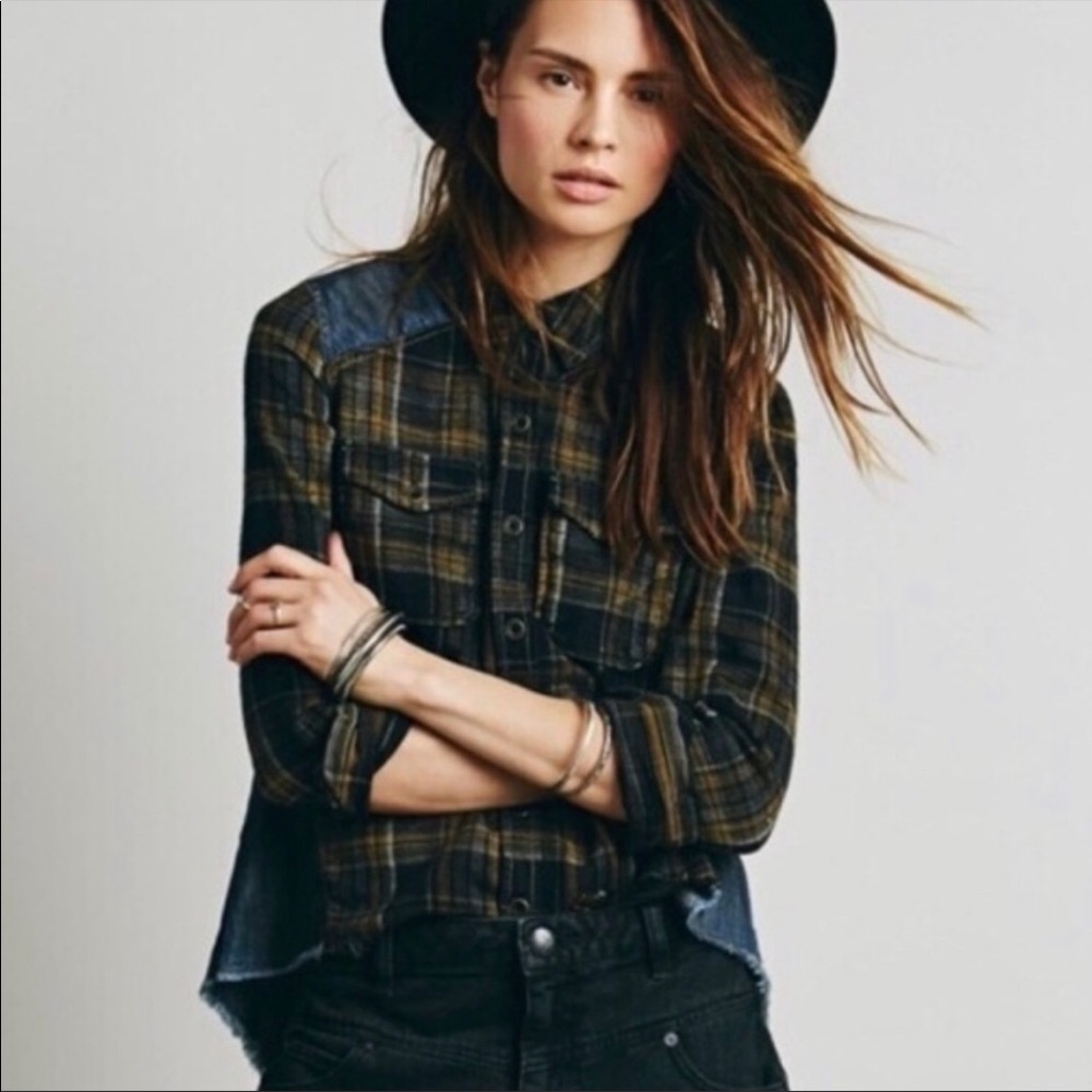 Free People Plaid Button Down Shirt - Black and Brown